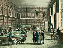 Die Zeichnung zeigt eine Bibliothek im 19ten Jahrhundert